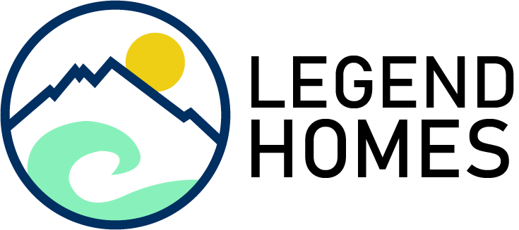 Company Logo a three peak mountain scape with an outline of a yellow sun and two blue wind wisps and Legend Homes in serif font below the mountain