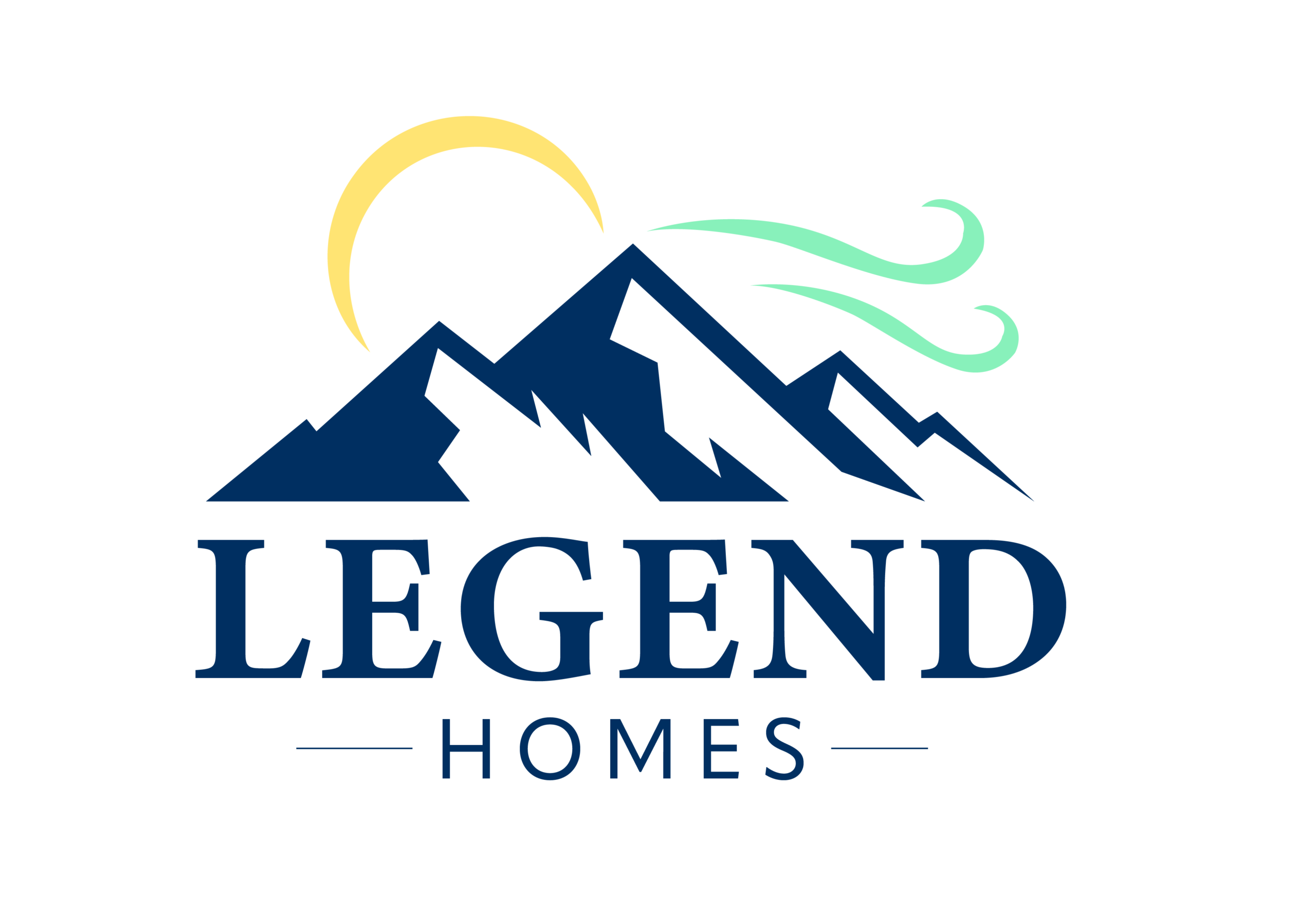 Company Logo a three peak mountain scape with an outline of a yellow sun and two blue wind wisps and Legend Homes in serif font below the mountain